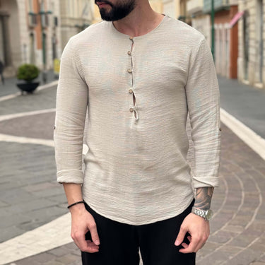 Maglia camicia sabbia serafino con bottoni in legno - FLAG STORE